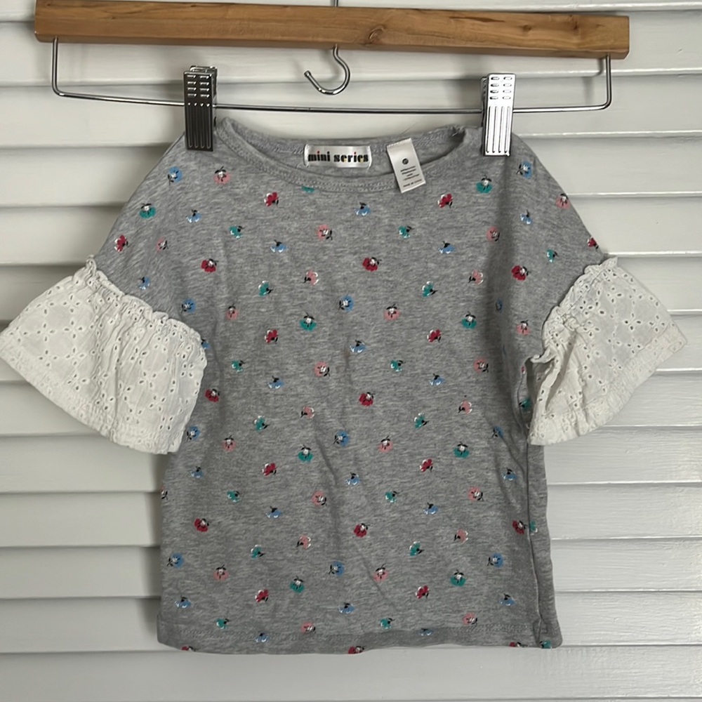Mini Series Floral Tee Shirt Eyelet Bell Sleeve